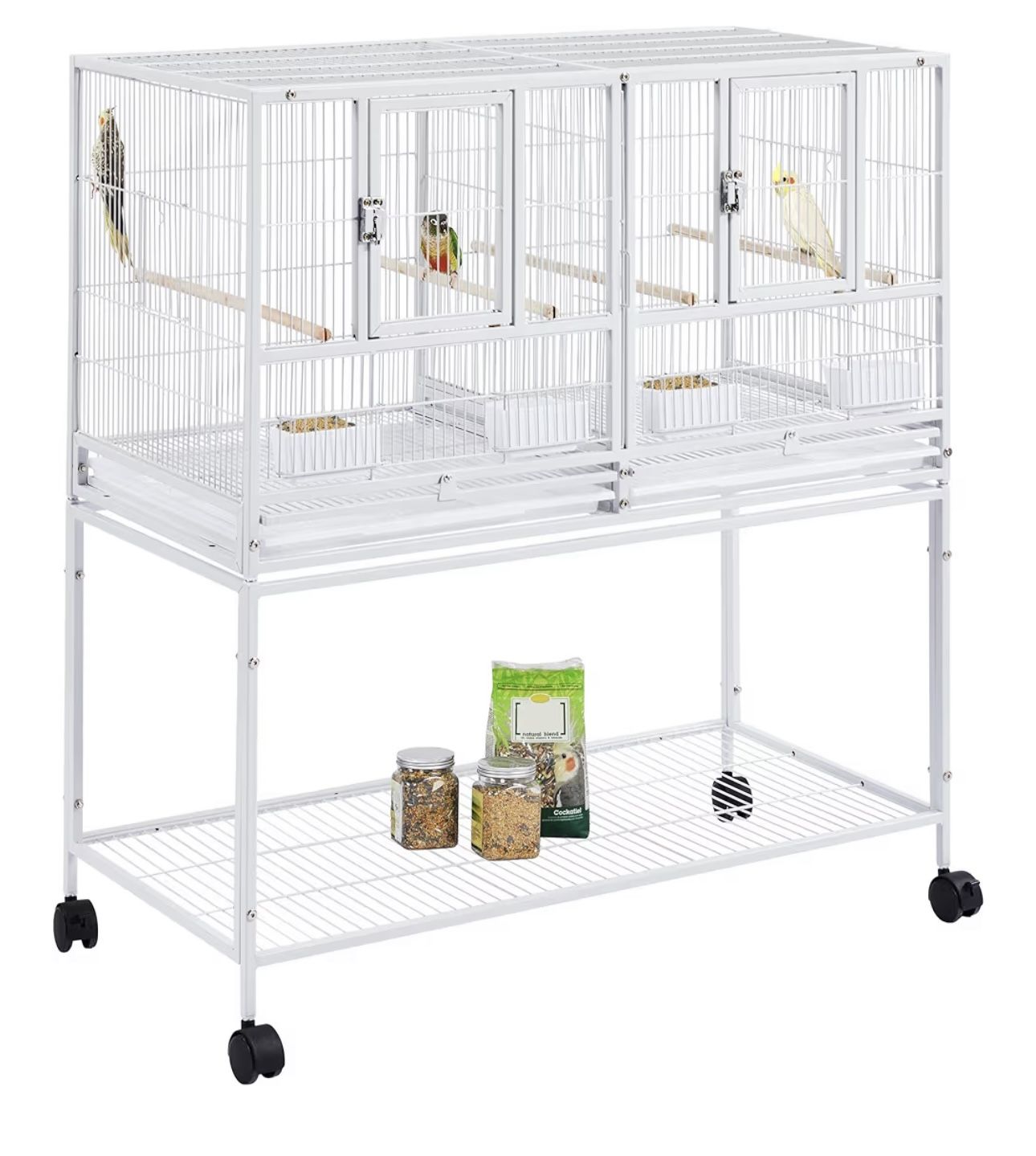 Stackable Divided Breeder Breeding Parakeet Bird Cage for Canaries Cockatiels Lovebirds Finches Budgies Small Parrots with Rolling Stand, White