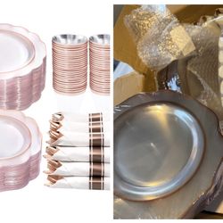 350PCS Rose Gold Plastic Plates - Clear Rose Gold Disposable Dinnerware Set - Include 100 Dinner/Dessert Plates,50 Cups,50 Pre Rolled Napkins with Cut
