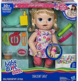 New Baby Alive Snackin Sara - Blonde Doll Makes Baby food English Spanish Sounds