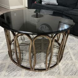 Black Circular Coffee Table On Brass Stand 