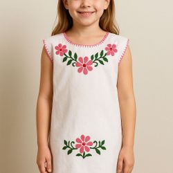 Girls Mexican Embroidered Dress White Pink Floral Handmade Cotton Size 6