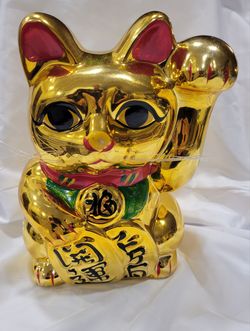 Vintage 10" Golden Ceramic Maneki Neko Lucky Cat Coin Bank - Made in Japan