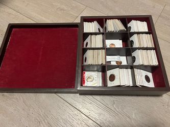 10x11 wooden coin box, felt lining and felt bottom. with dividers. coins included.