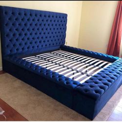 Paris Blue Velvet Queen Storage Platform Bed Frame 