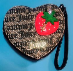 Juicy Couture "Freshly Picked" Heart Zip Wristlet Wallet Strawberry Monogram