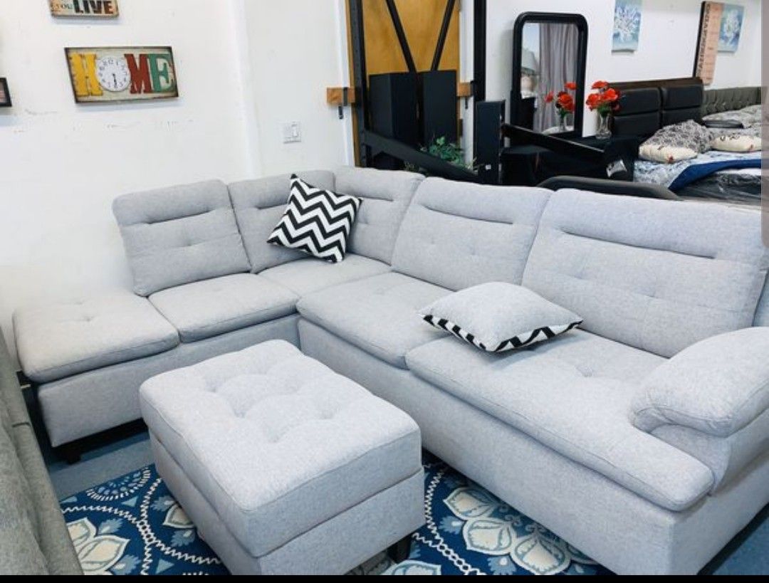 Brand New Light Grey Linen Sectional Sofa +Storage Ottoman (New In Box)