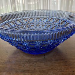 Vintage 10" Cobalt Blue Pressed Glass Bowl - Cane & Button Pattern - Mid-Century Starburst Base