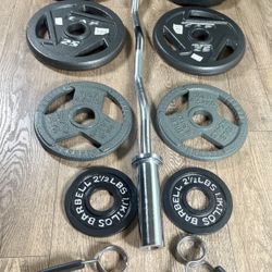 Olympic Equipment: Silver Curl Bar  & Weight Plates Pairs Of  35s, 25s, 10s And 2.5s  Pounds   (Total: 163 lbs)