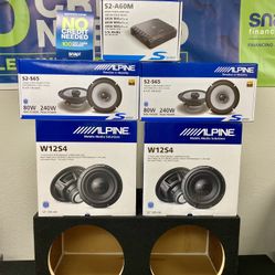New (2) 12” inch Alpine Bass Series Subwoofers + Alpine Bass Amplifier + (4) 6.5” Speakers + Speaker Box 🔊 ✅