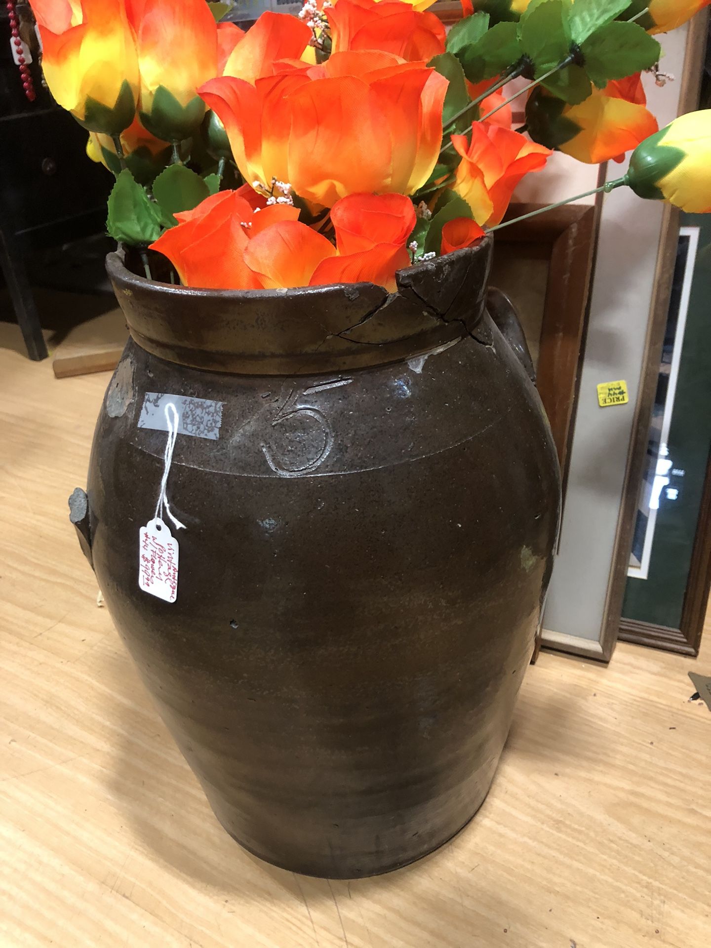 Huge Antique Pottery With Flowers Inside For Decorating. Very Old 