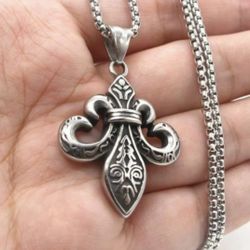 Mens Fashion Stainless Steel Fleur De Lis Pendant Necklace Jewelry Chain