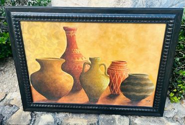 Beautifully Crafted Artwork/ Still life painting by Kristy Goggio, created in the 1990s. It depicts five vessels of varying shapes & colors. Goggio is
