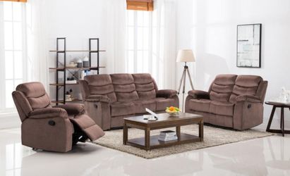 Brand New Brown Fabric Reclining Sofa Loveseat & Chair