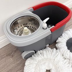 New In Box $25 Spin Mop Bucket Floor Cleaning System With Wheels Include 2 Microfiber Replacement Head 