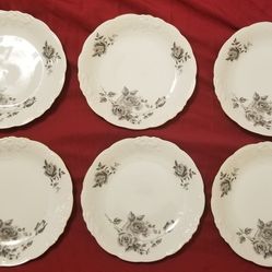 China Set of 6 Wawel Black & Gray Roses & Leaves, Scalloped Salad Plates