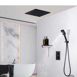  16" Thermostatic Shower System With Handheld Shower In Matte Black Solid Brass sh36