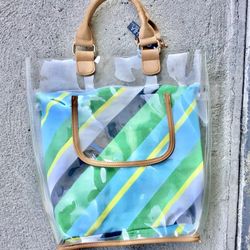 NEW Cynthia Rowley Harbour Navy Canvas Striped Clear Plastic Beach Everyday Tote Bag w/ Tags