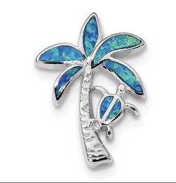 Sterling Silver Rhodium Blue Inlay Opal Palm Tree Slide