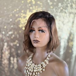 13x6 Lace Front Human Hair Wig Caramel Dark Brown Ombre  12"