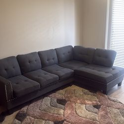 Modern Charcoal Grey L-Shaped Sectional Sofa with Nailhead Trim