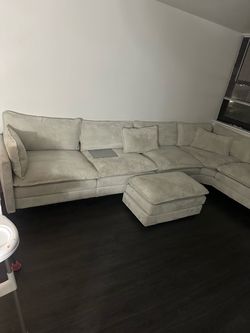 Cream Corduroy Sectional Sofa with Ottoman