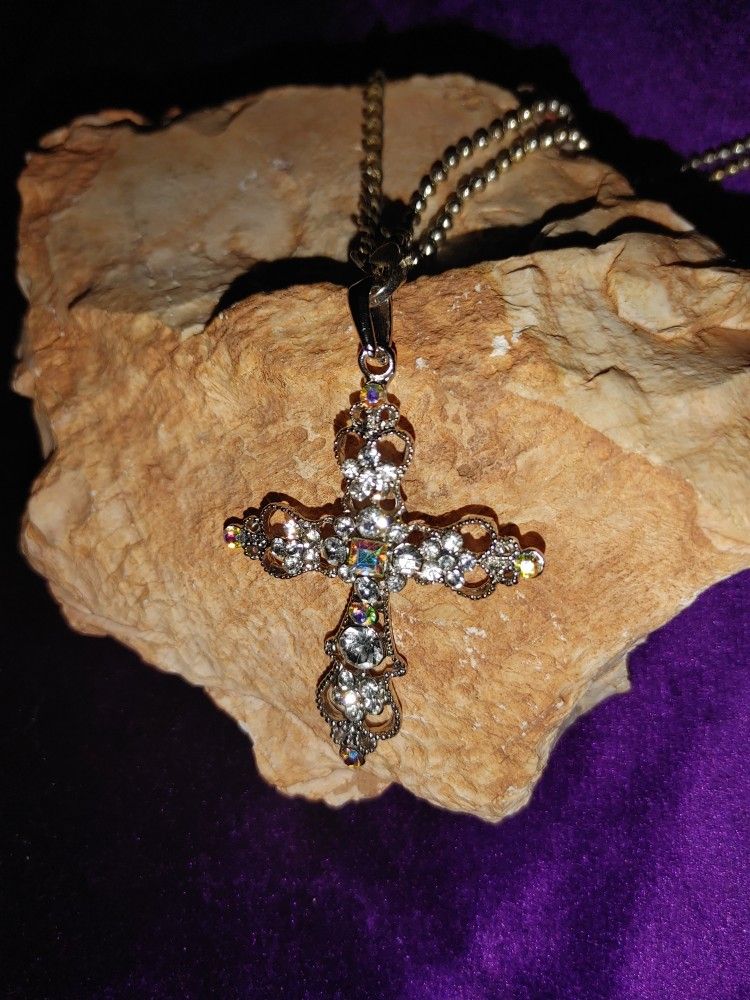 Stunning Aurora Borealis Cross Pendant Necklace