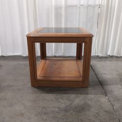 Traditional Brown Wood End Table with Glass Top