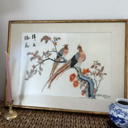 • Vintage Chinese Silk Embroidery Framed Wall Art Birds & Flowers • Chinoiserie