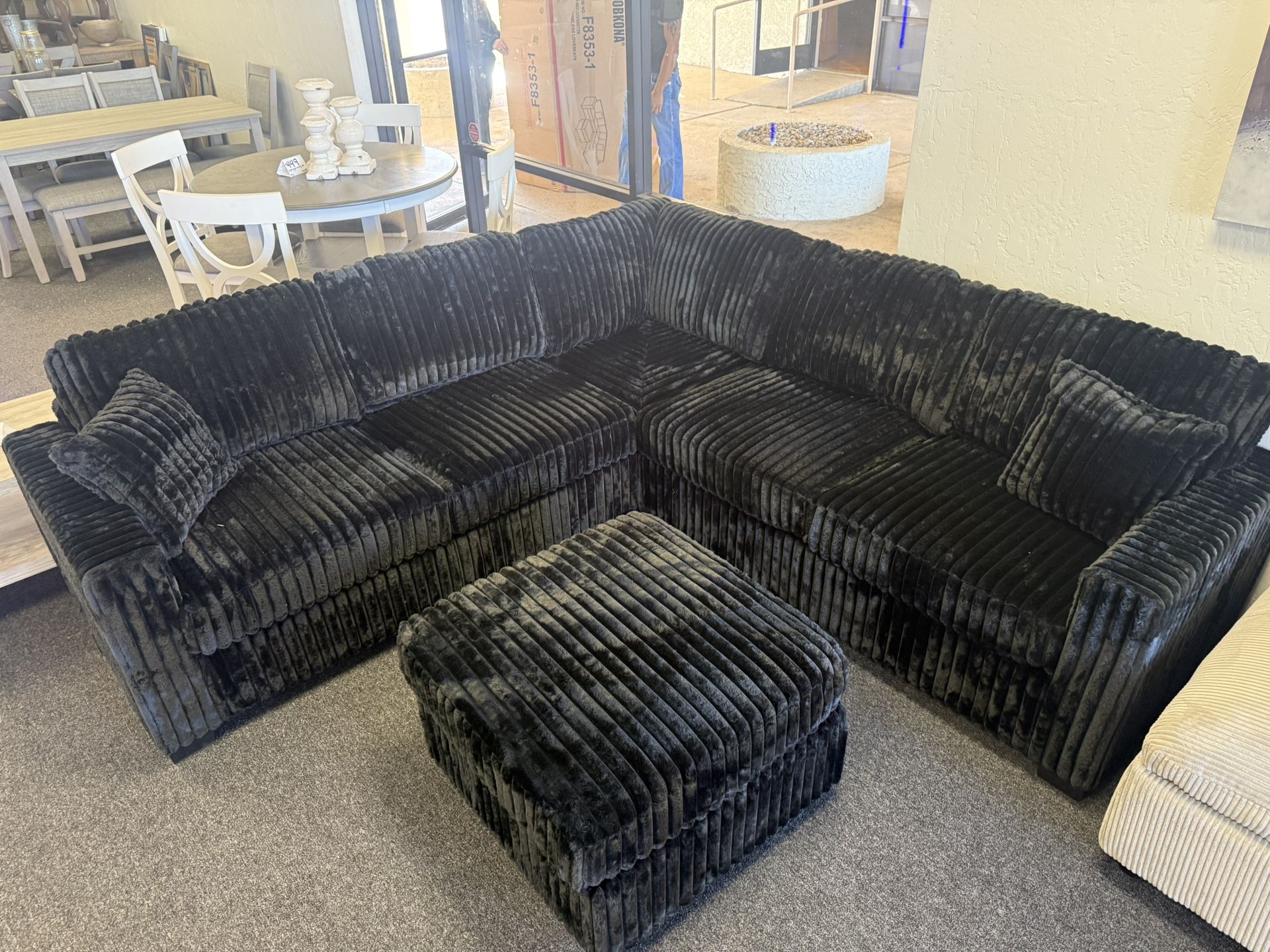 Sectional With Ottoman In Black Corduroy 