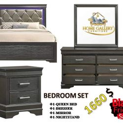 Modern and Stylish Queen 4 Piece LED Bedroom Set in Gray