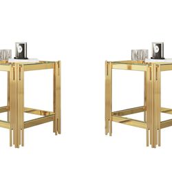 Set of 2, 2-Tier Glass End Tables,20" Square Gold Side Table with Stainless Steel Legs and Clear Tempered Glass, Modern Luxury End Table for Living Ro