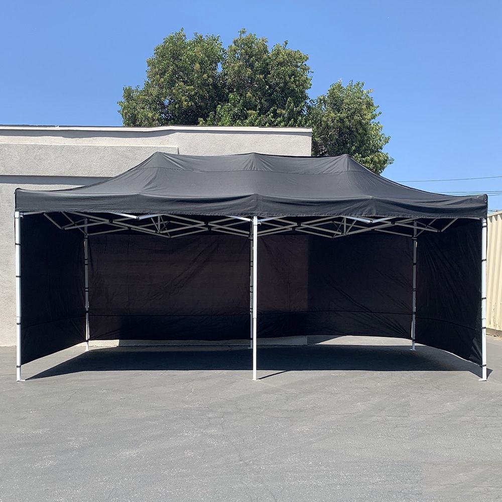 $225 (New) Heavy-duty black 10x20 ft canopy with (4 sidewalls) ez pop up outdoor party tent w/ carry bag