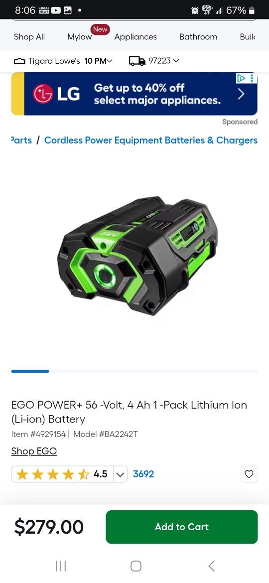 Ego Battery 4.0ah NEW $100
