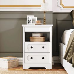 Farmhouse Nightstand with Pull-Out Tray & 2 Drawers — White