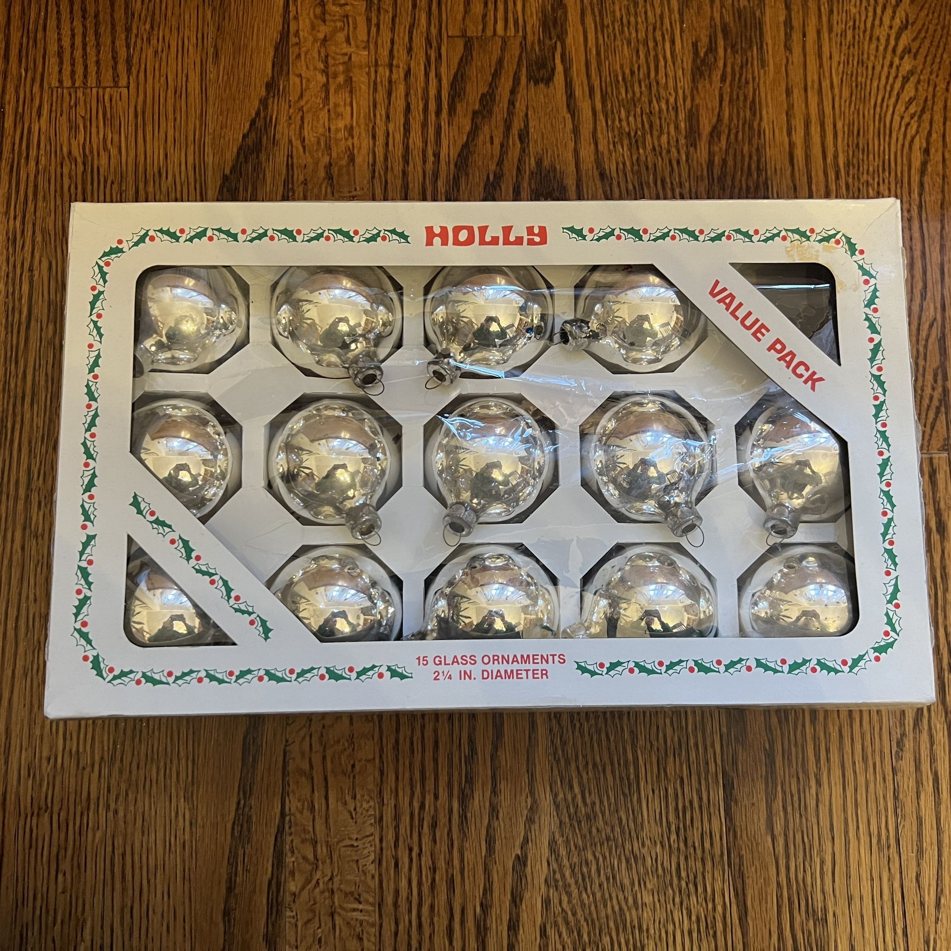 Set of 14 Vintage Holly Decorations Inc., Glass Ornaments Silver Bulbs 2 1/4” diameter