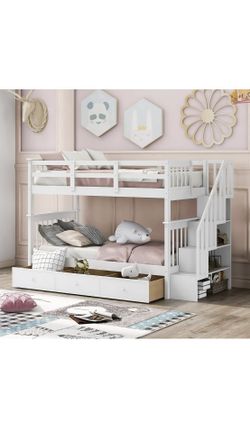 Harper & Bright Designs Twin Over Twin Bunk Bed with Stairs and Drawers, Solid Wood Stairway Bunk Bed with Storage for Kids Teens Adults, Bedroom, Dor