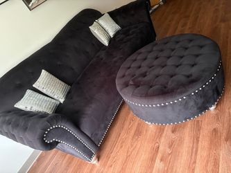 Black Velvet Tufted Sofa with Ottoman