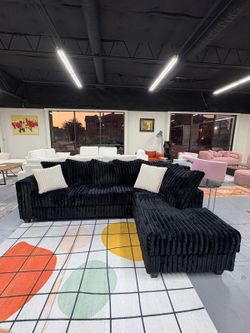 Luxury Black Corduroy Chaise Sectional Sofa – Plush & Modern Comfort