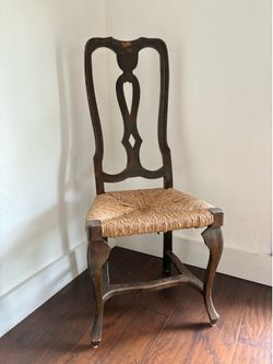Vintage Italian Rococo Rush Seat Carved Wood Dining Chair