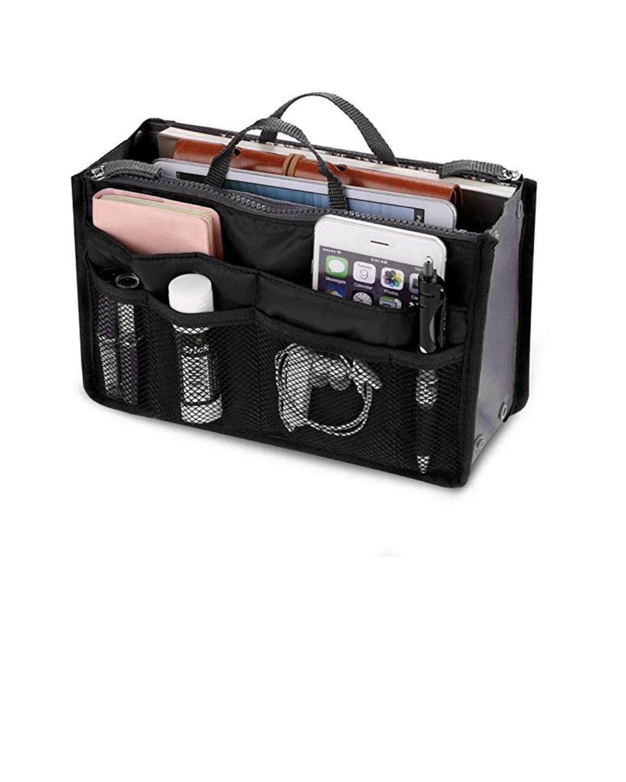 Women Multi-Pocket Travel Handbag Organizer Insert w Zipper Handles Purse Liner Black 