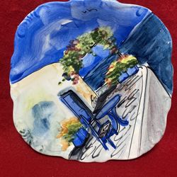 7 Inch Handmade Hand Painted Blue Ceramic Wall Hanging Plate Imported From Greece