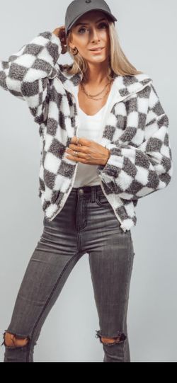 Grey  Checkers  Zipper Jacket  And White Button Down Cardigan  