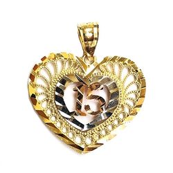 Heart shape 15anos cute pendant 14K REAL YELLOW , WHITE & ROSE GOLD.