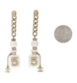 Chanel CC Pearl Resin Crystal No. 5 Perfume Bottle Chain Drop Earrings