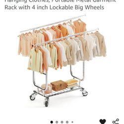 Heavy Duty Rolling Clothes Rack Load 610 lbs Clothing Rack with Shelves, Commercial Double Rod Clothing Racks for Hanging Clothes, Portable Metal Garm