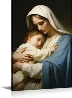 New 16”x24”Framed Virgin Mary&Baby Jesus Canvas Wall Art Picture Christian Painting Print Decor