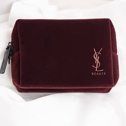 Yves Saint Laurent YSL Beauty Makeup Cosmetic Bag Travel Pouch Burgundy Velvet