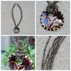 Vtg Beaded Multcolored Strand Necklace with Coconut Shell Pendant