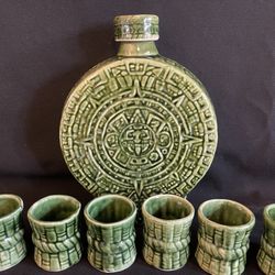 Vintage Aztec Ceramic Decanter And 6 Shot Glasses 