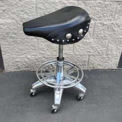 Larin Leather Saddle & Chrome Rolling Bar Stool Adjustable Height